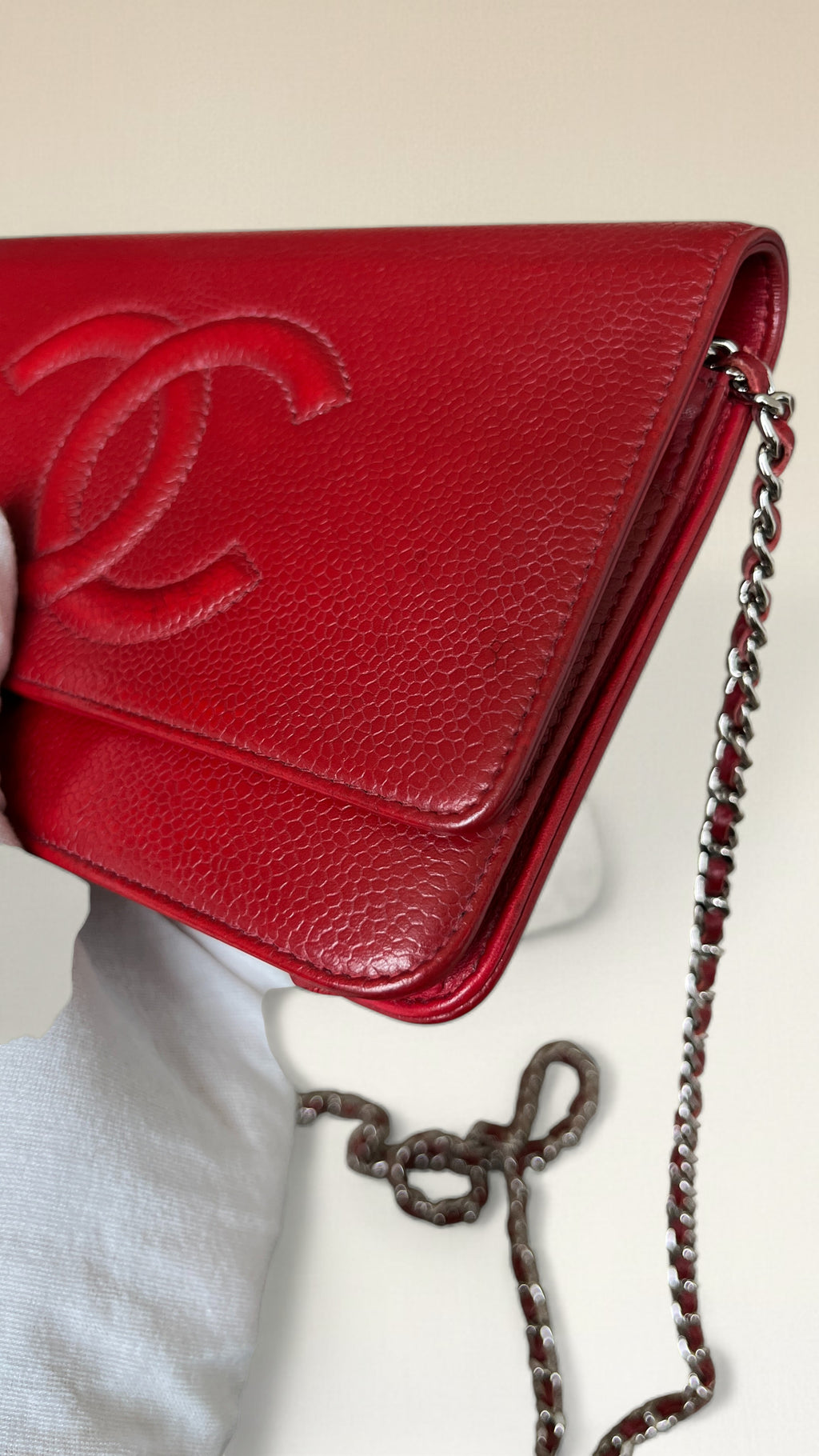 2012 Chanel Coco Mark Wallet On Chain In Red Caviar Leather