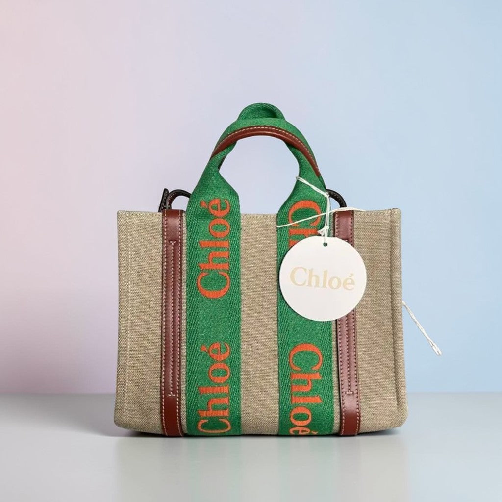 Chloe Woody Small Tote Bag Beige Canvas