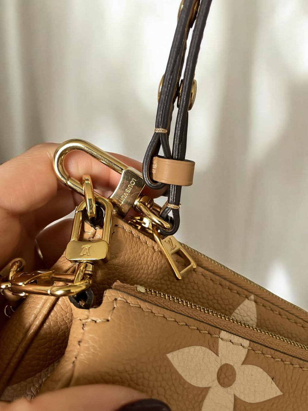 Louis Vuitton Multi Pochette Accessoires In Empreinte Leather With Large LV Monogram Print Caramel Colour