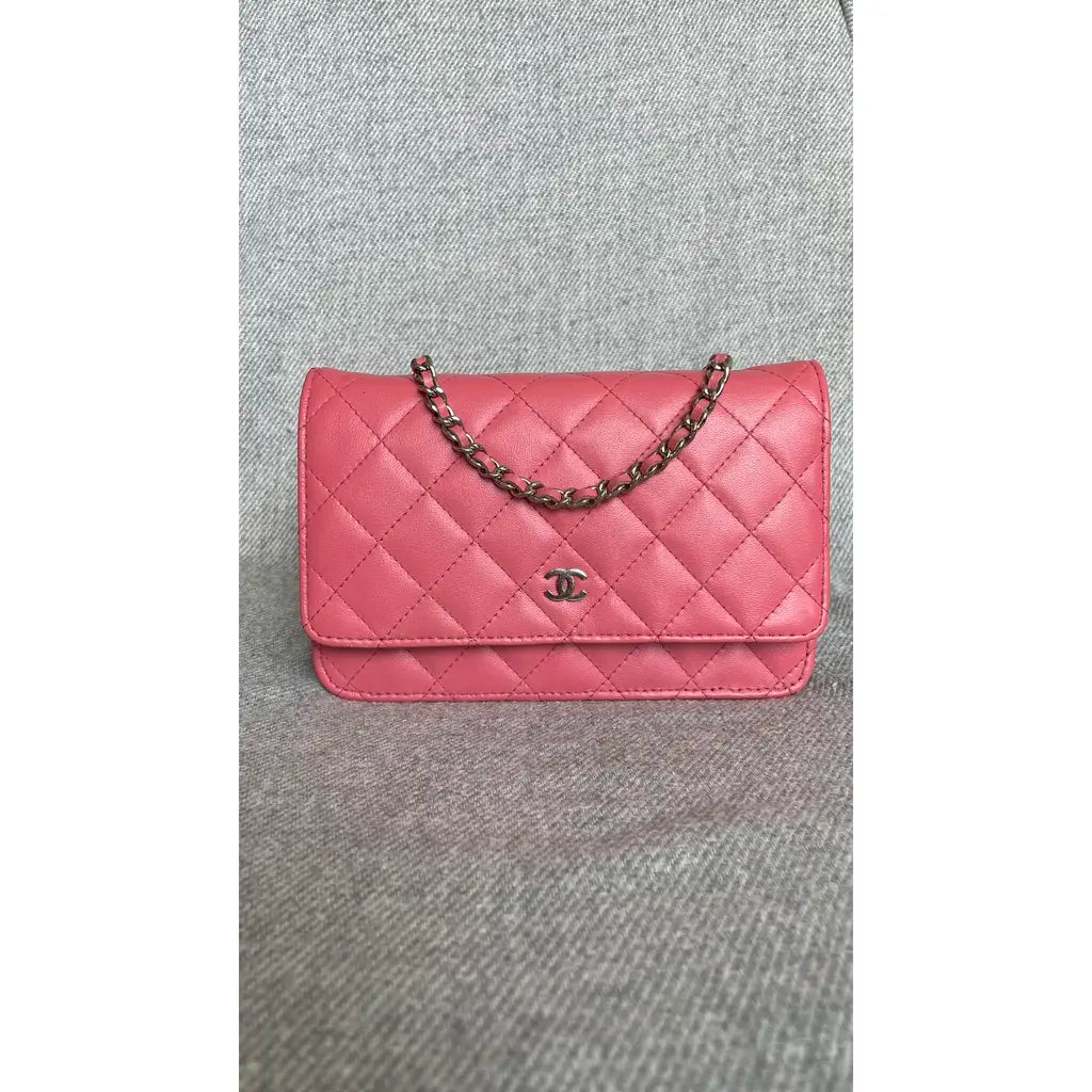 Chanel Lambskin Classic Wallet On Chain Pink Silver Hardware